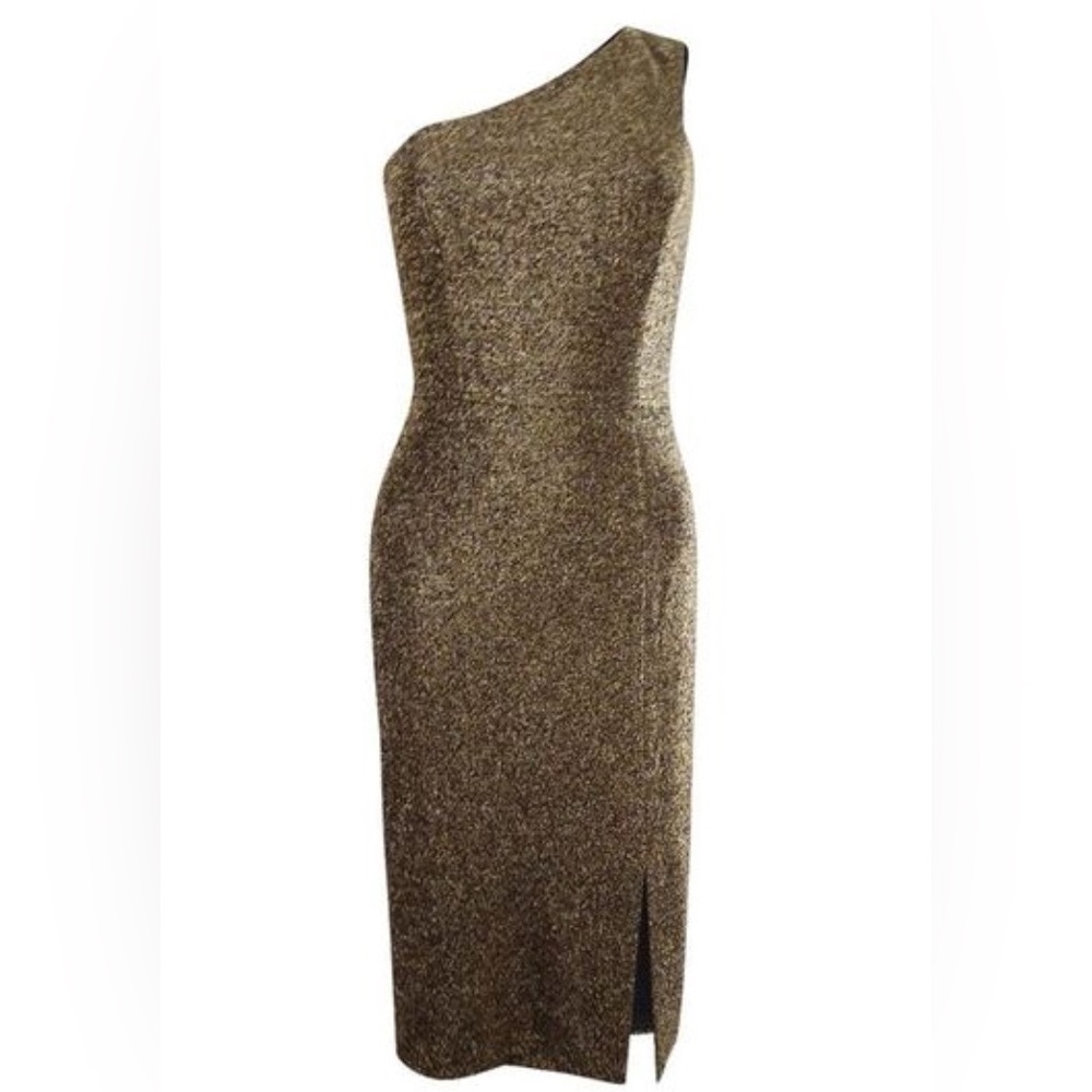 Vince Camuto one shoulder gold metallic midi dress